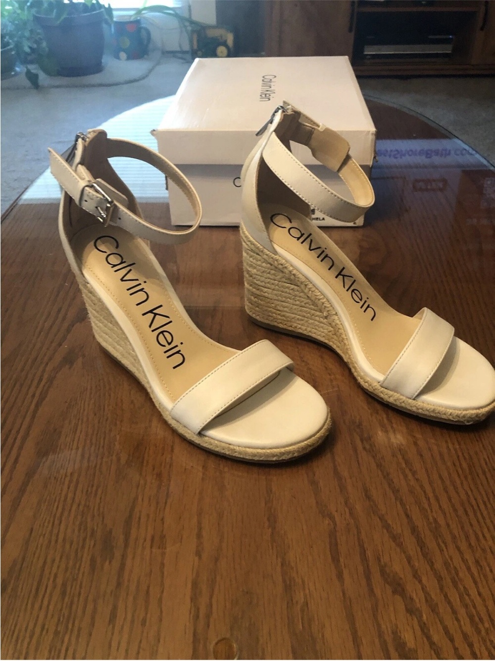 Calvin Klein Cream Espadrille Ankle-Strap Wedge Sandals